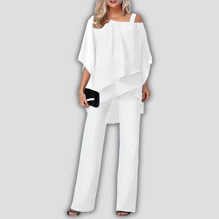 Elegant 2 Piece Chiffon Pantsuit with Layered Cape Top
