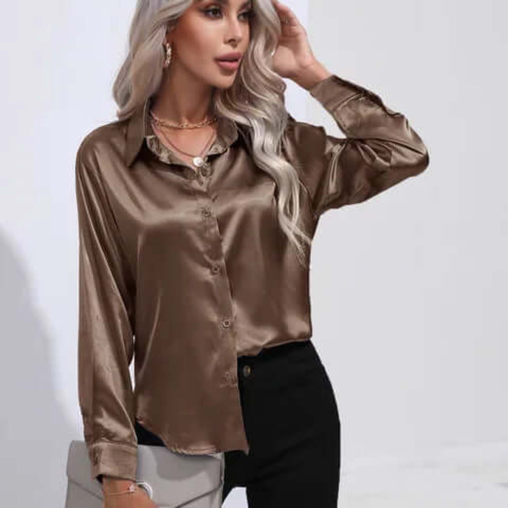 Women's Satin Loose Fit Long Sleeve Blouse