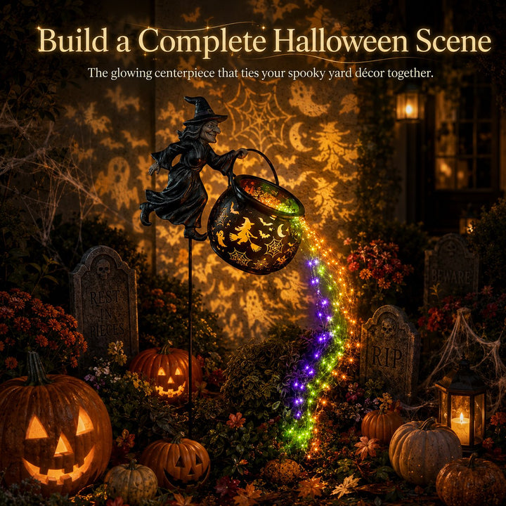 Halloween Witch's Cauldron Garden Lamp with Colourful Glow and Spooky Projections