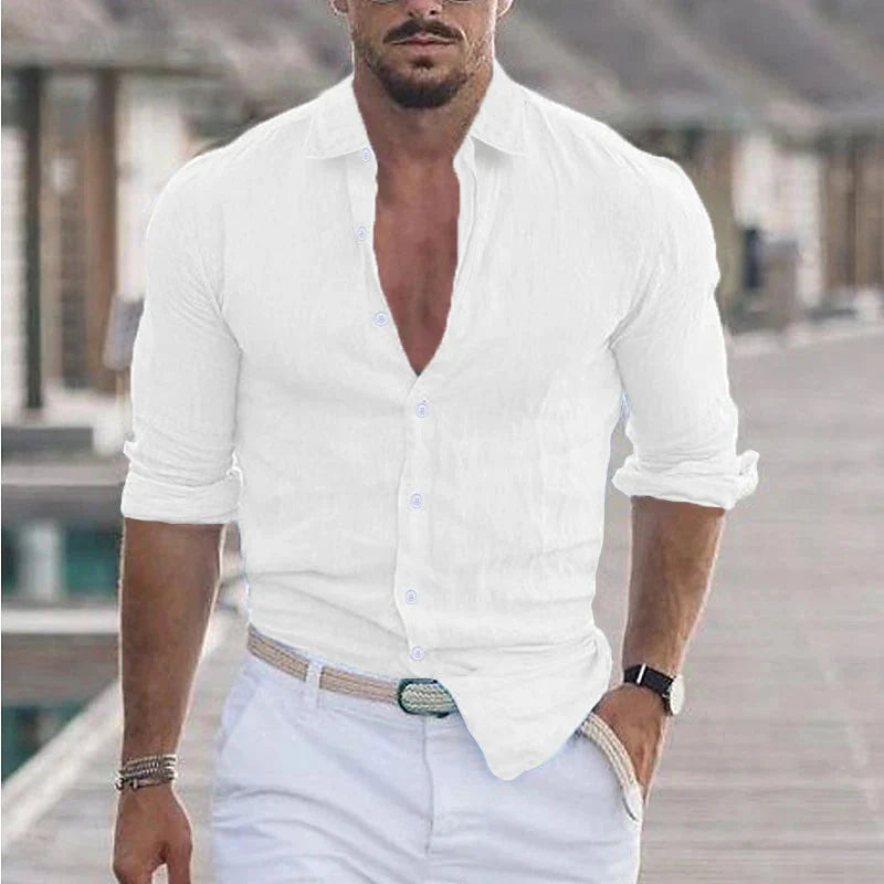 Men's Long Sleeve Button-Up Shirt with Turn-Down Collar