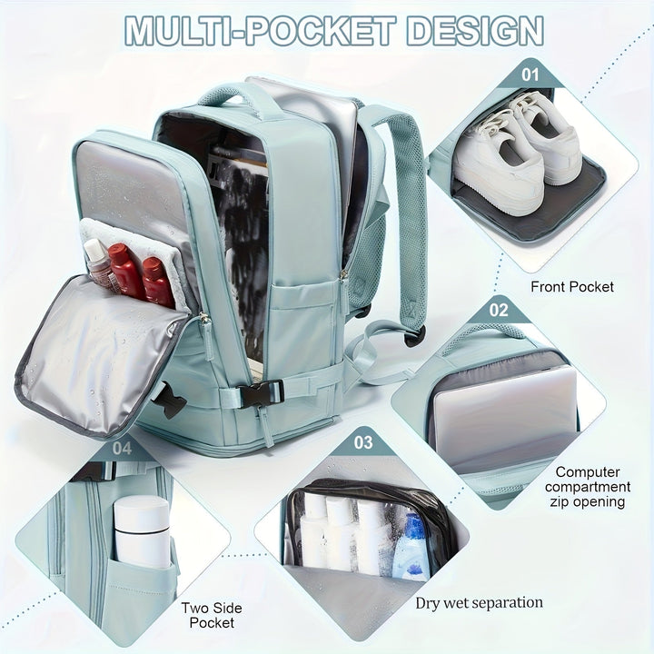 Multifunctional Travel and Day Backpack with Shoe Compartment and Waterproof Sections