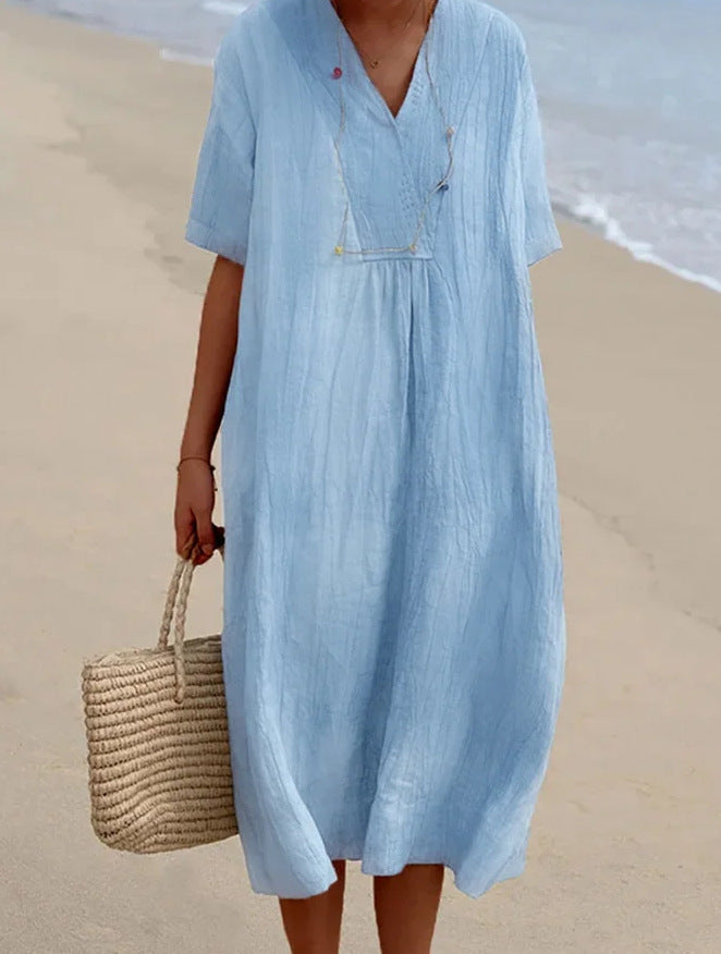 Relaxed Beach Dress with V‑Neck and  Short Sleeves