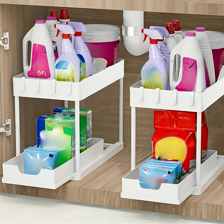 2-Tier Organiser with Hooks and Cup – Smart, Stable Storage System for Under the Sink or Worktop