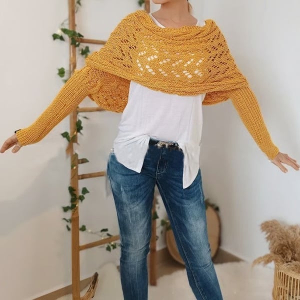 Wrap Scarf with Double Sleeves - Warm Knitted Scarf with Built-In Sleeves