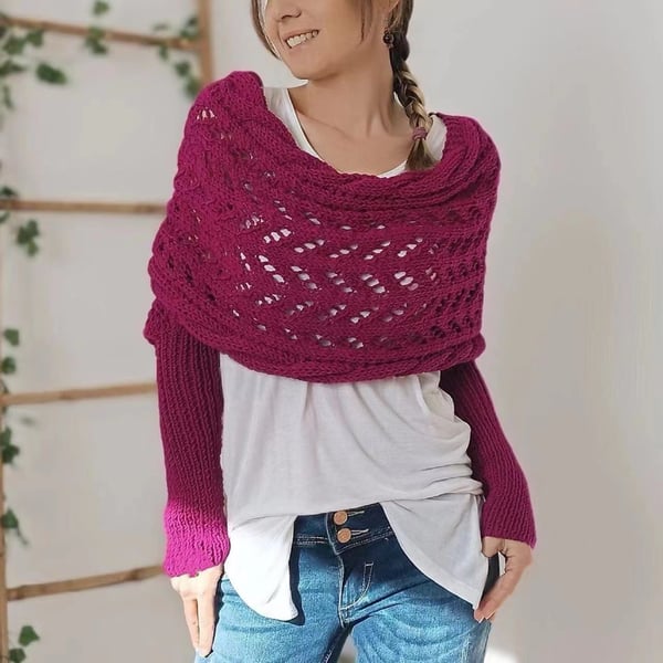 Wrap scarf with double sleeves - cosy knitted scarf with integrated sleeves