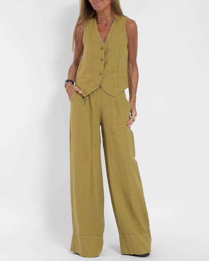 Linen 2-Piece Set with Wide-Leg Trousers and Waistcoat – Alma