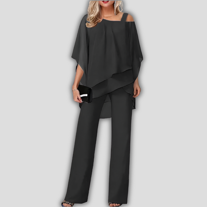 Elegant 2 Piece Chiffon Pantsuit with Layered Cape Top