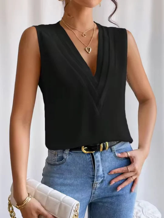 Elegant Sleeveless V-Neck Top for Women Chic Simplicity with a Touch of Elegance