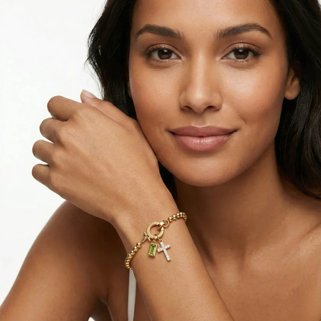 Nova Bead Birthstone Bracelet with Cross Pendant