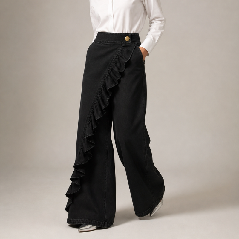 Women's Wide Denim Trousers with Asymmetric Ruffle, Culotte Style
