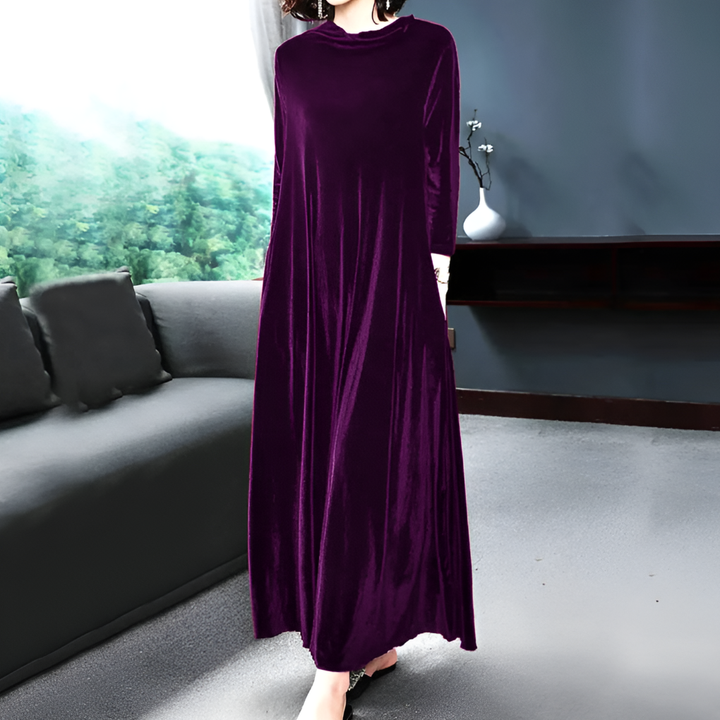 Women’s Velvet Wine-Red Long-Sleeve Dress