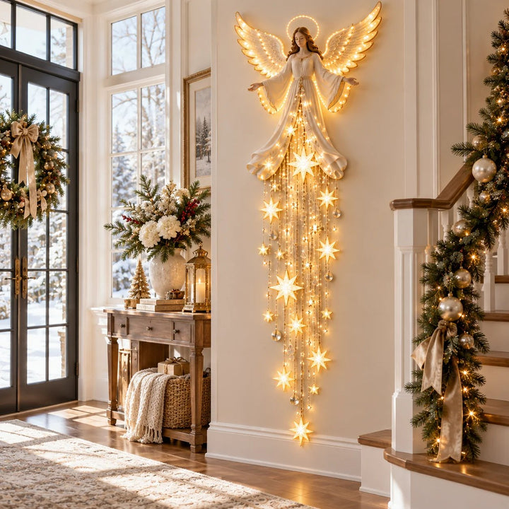 Angel Christmas Wall Light with Halo and Falling Stars, Warm White