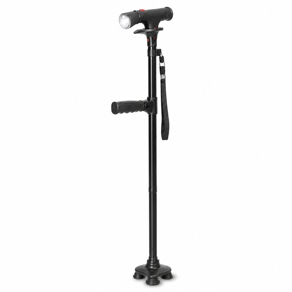 Lightweight Folding Aluminium Walking Stick with 4-Point Base, LED Light and Alarm