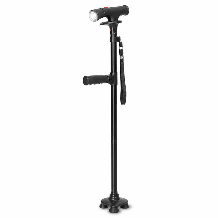 Lightweight Folding Aluminium Walking Stick with 4-Point Base, LED Light and Alarm