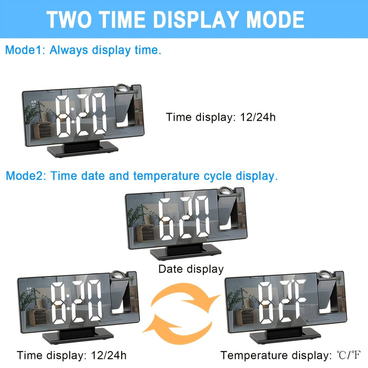 Alarm Clock with LED Projection and Adjustable 180° Projection – Clear Display and Snooze Function for Bedroom or Office