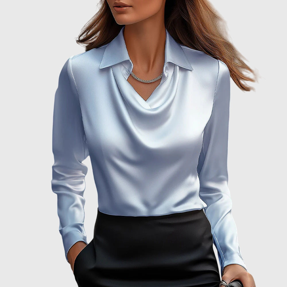 Women's satin blouse with waterfall neckline - long-sleeved collared top for work and evenings