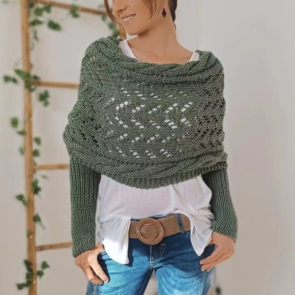 Wrap Scarf with Double Sleeves - Warm Knitted Scarf with Built-In Sleeves