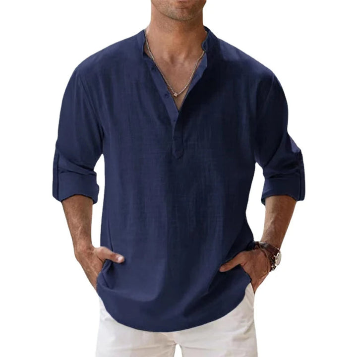 Men's Linen Henley Shirt, Relaxed Button-Placket Top for Summer
