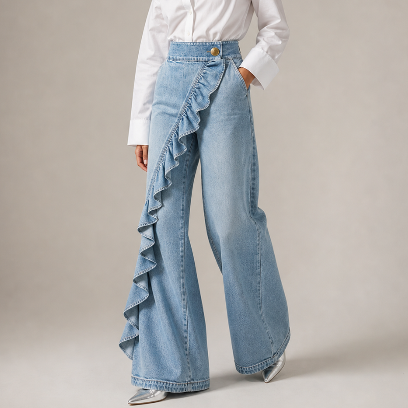 Wide-Leg Women's Jeans with Asymmetric Flounce in Culotte Style.