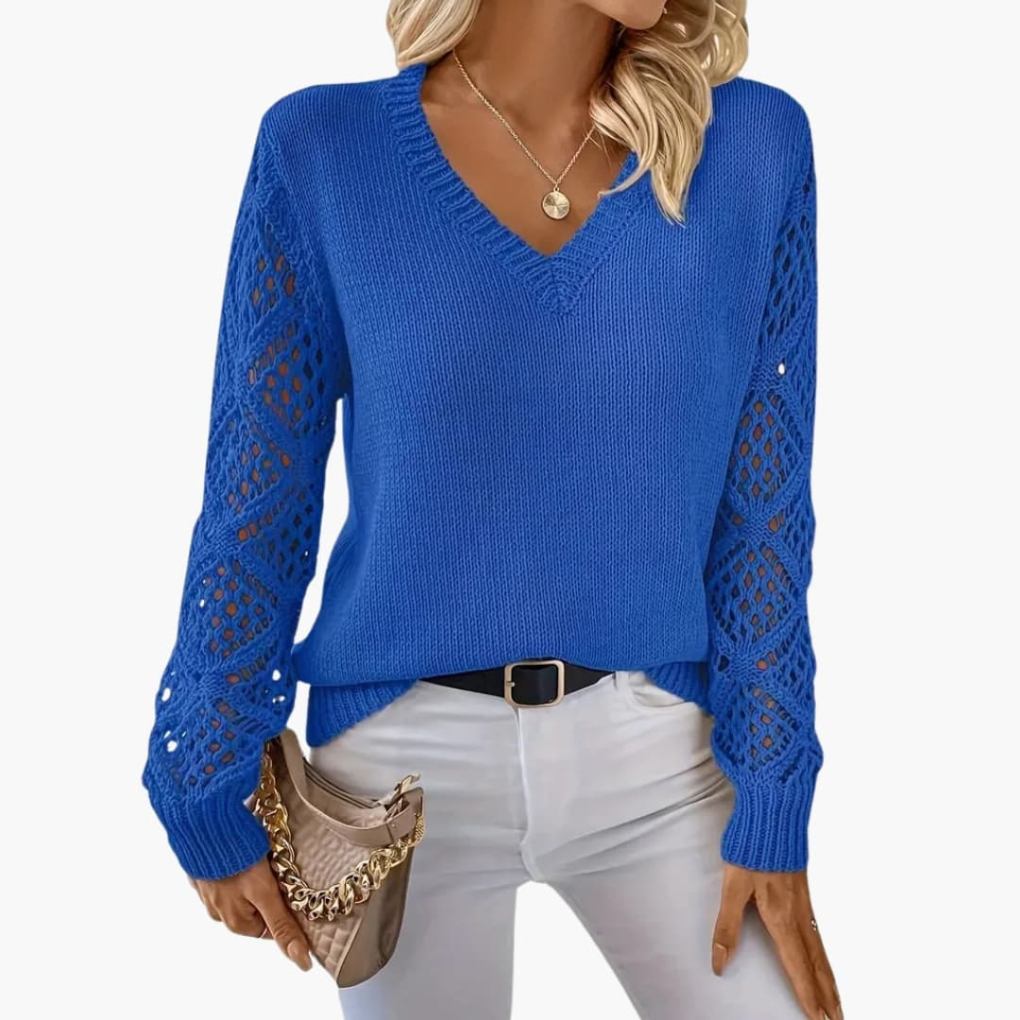 Women's Fine Knit Sweater with V-Neck and Long Sleeves