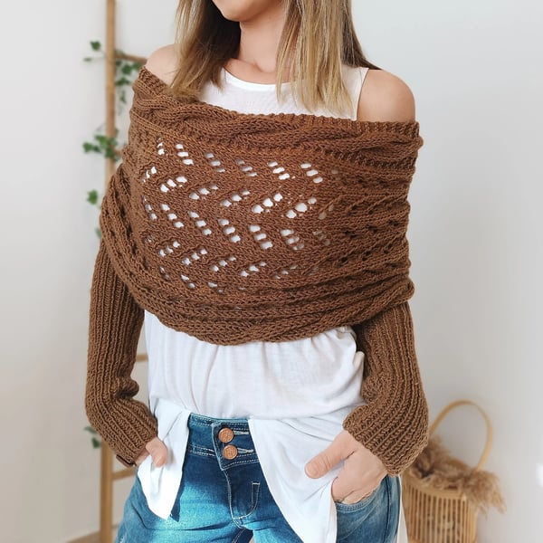 Wrap Scarf with Double Sleeves - Warm Knitted Scarf with Built-In Sleeves