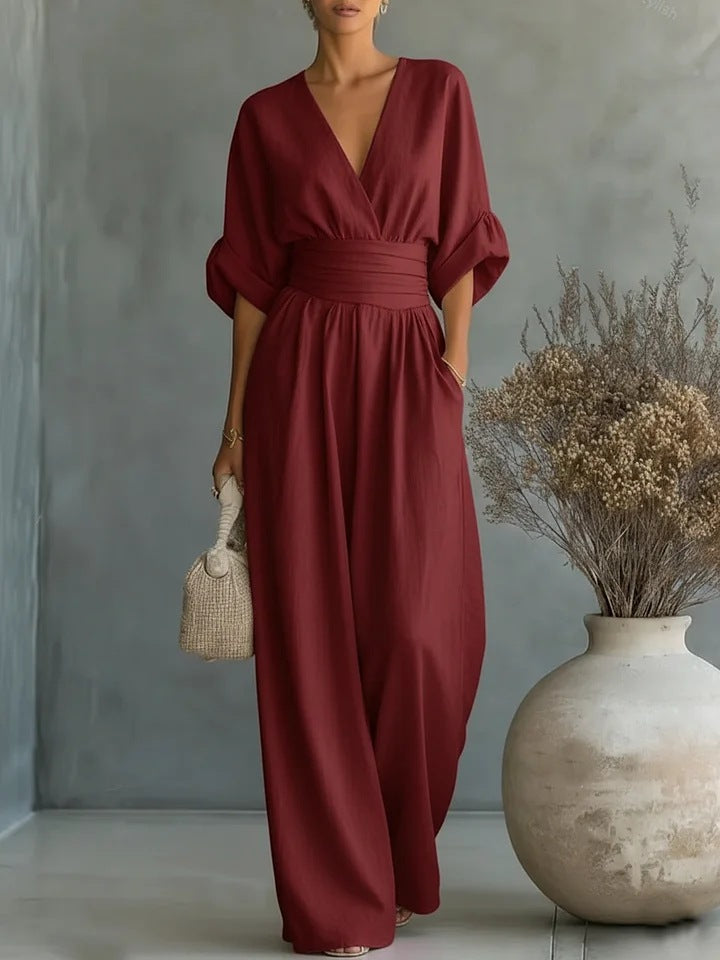 Elegant Women's Jumpsuit with Wide Leg, V-Neck and Flowing Cut