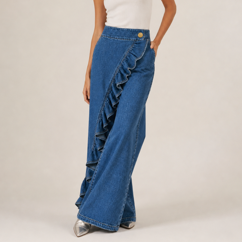 Wide-Leg Women's Jeans with Asymmetric Flounce in Culotte Style.