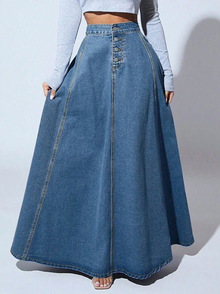 Women's Denim A-Line Skirt with Button Closure