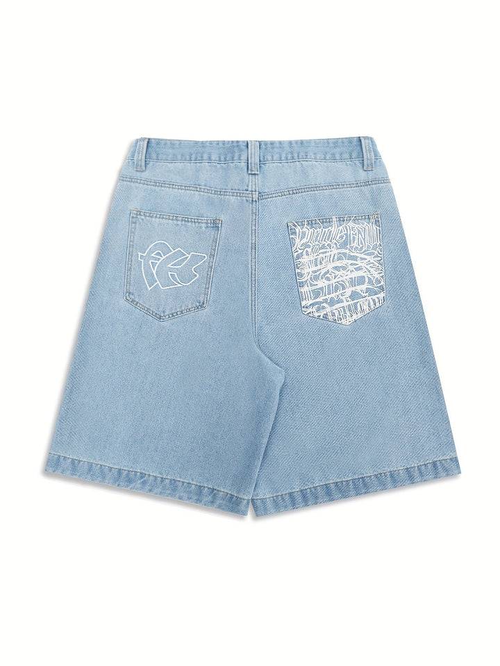 Casual Denim Bermuda Shorts – Loose Fit with Elegant Floral Embroidery