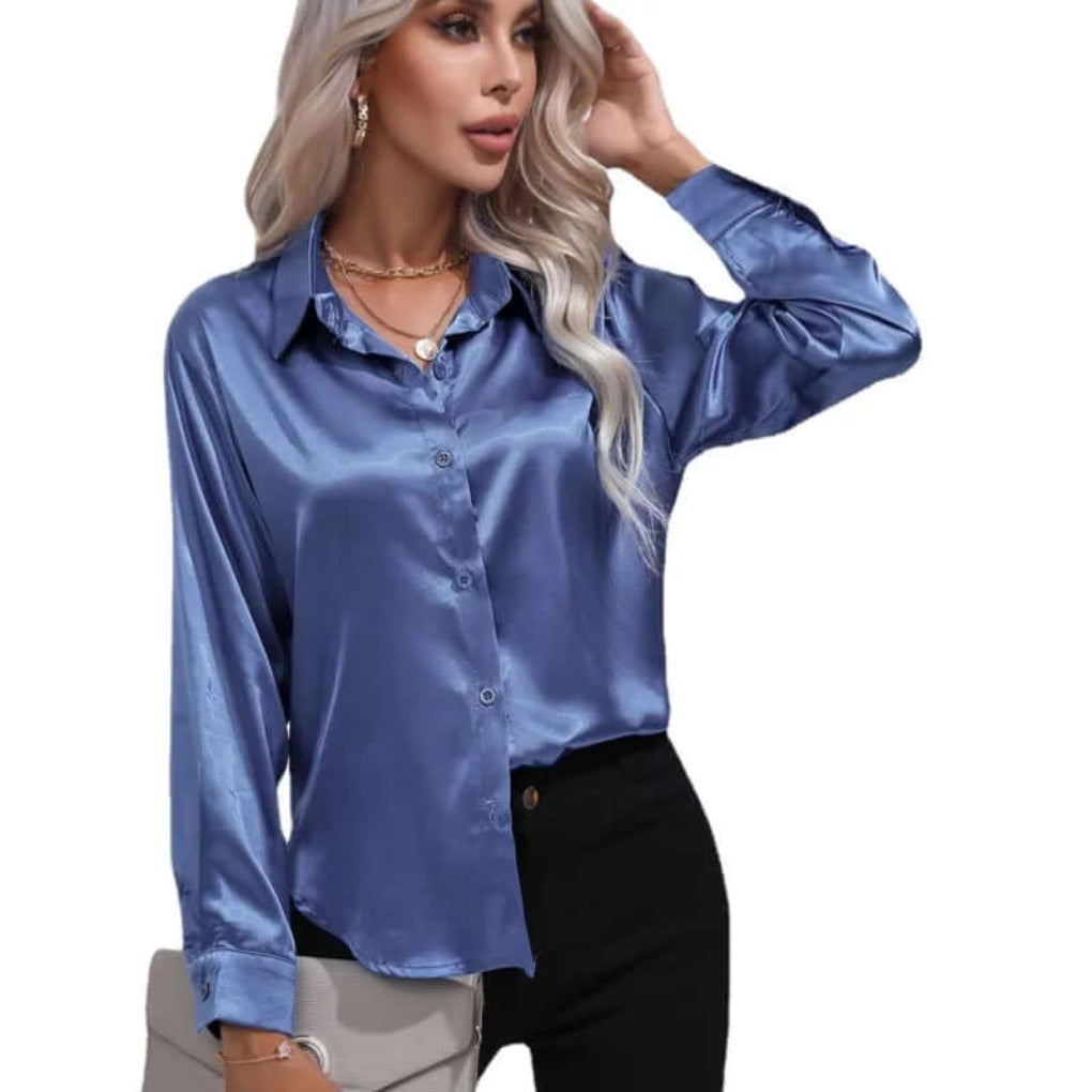 Women's Satin Loose Fit Long Sleeve Blouse