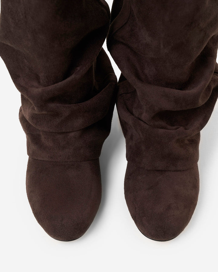 Women's slouchy knee-high boots with concealed heel, round toe, dark chocolate