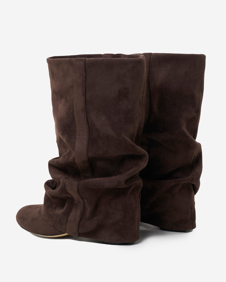 Women's slouchy knee-high boots with concealed heel, round toe, dark chocolate