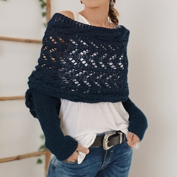 Wrap Scarf with Double Sleeves - Warm Knitted Scarf with Built-In Sleeves