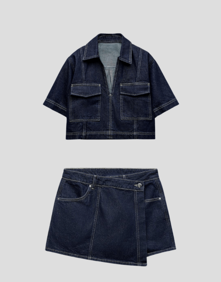 Two-Piece Denim Set with Top and Skirt