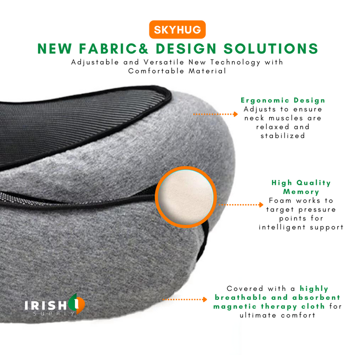 Front-support neck travel pillow with memory foam and fastener for sleeping on a plane