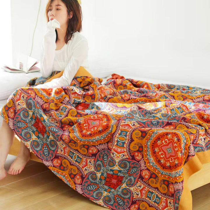 Sunrise Boho Reversible Blanket – Artistic Warmth with Dual-Sided Design