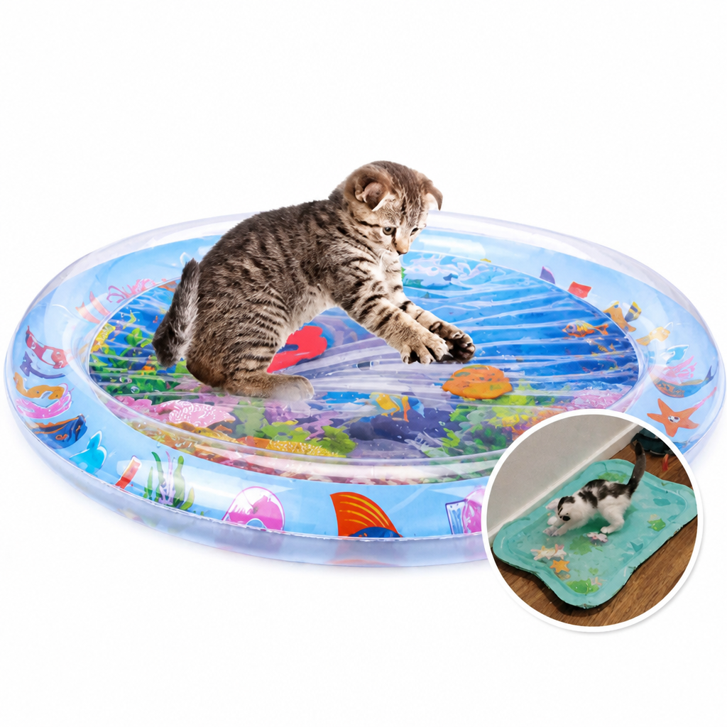 Cat water play mat with swimming fish - BPA-free silicone cooling mat