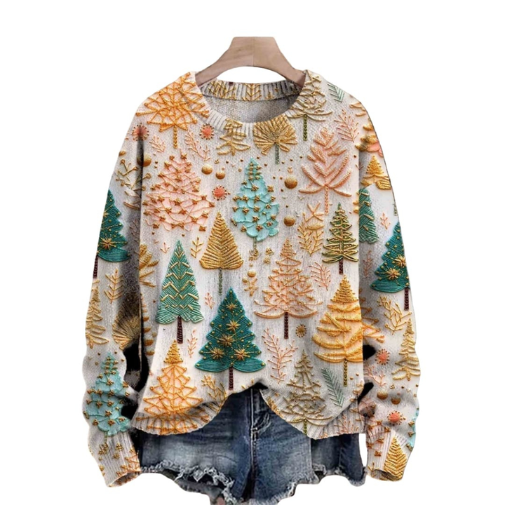 Women's Knit Sweater with Tree Pattern and Round Neckline