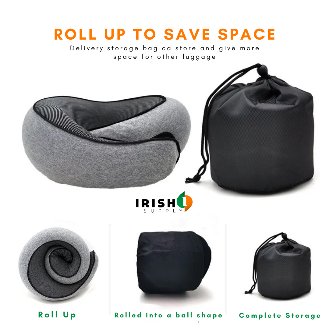 Front-support neck travel pillow with memory foam and fastener for sleeping on a plane