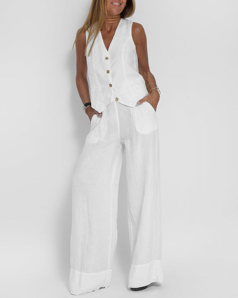 Linen 2-Piece Set with Wide-Leg Trousers and Waistcoat – Alma