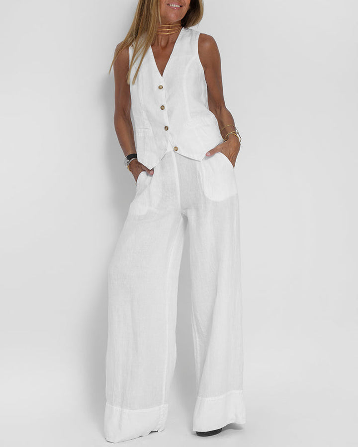 Linen 2-Piece Set with Wide-Leg Trousers and Waistcoat – Alma