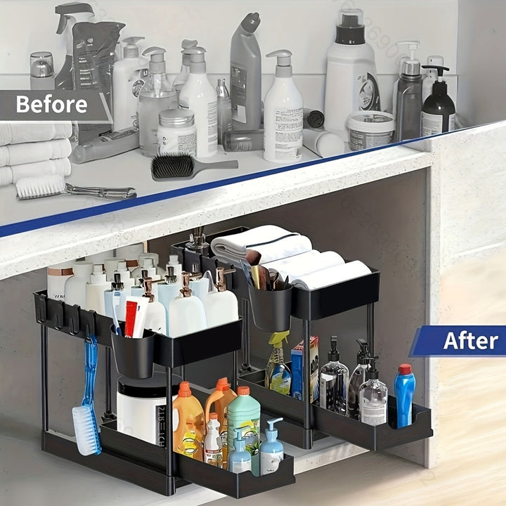 2-Tier Organiser with Hooks and Cup – Smart, Stable Storage System for Under the Sink or Worktop