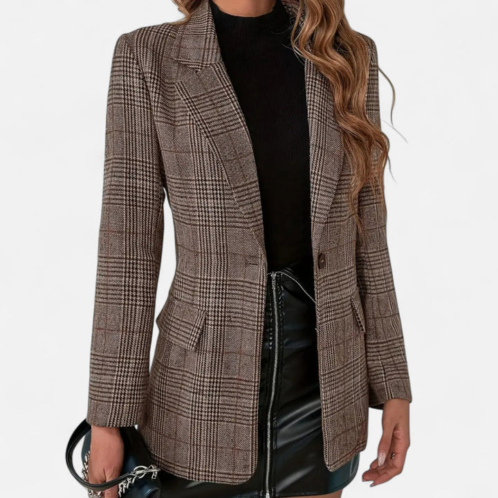 Women's Checked Single-Breasted Blazer, Fitted, Brown