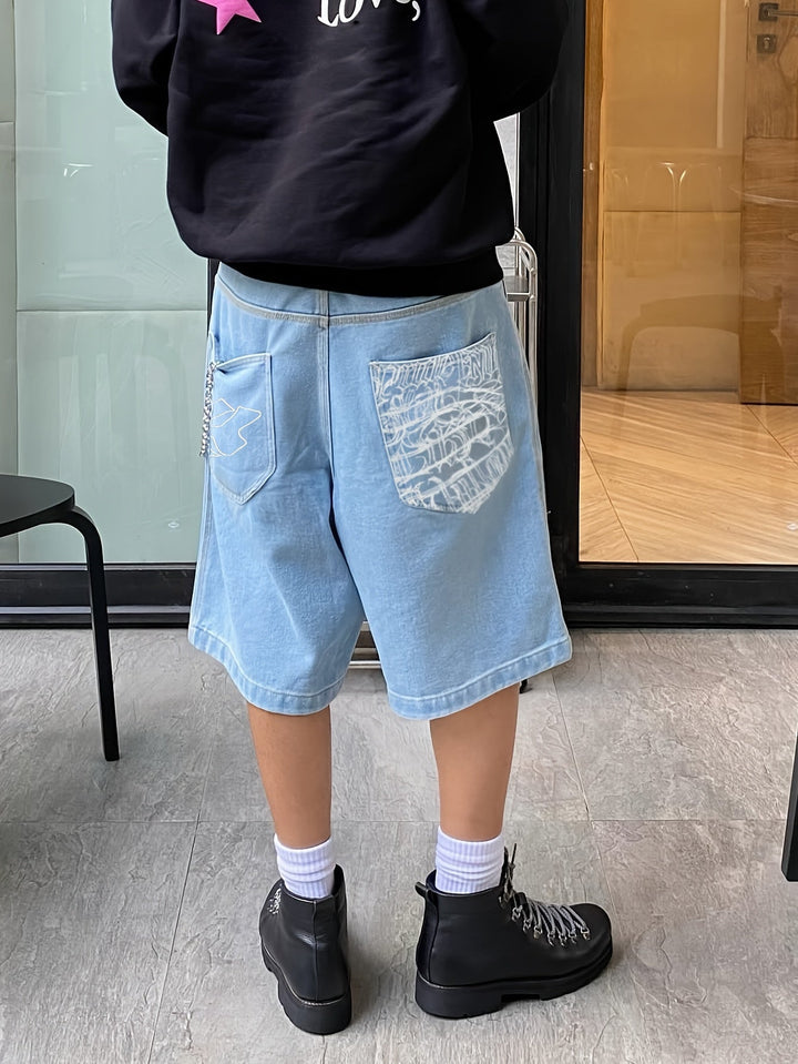 Casual Denim Bermuda Shorts – Loose Fit with Elegant Floral Embroidery