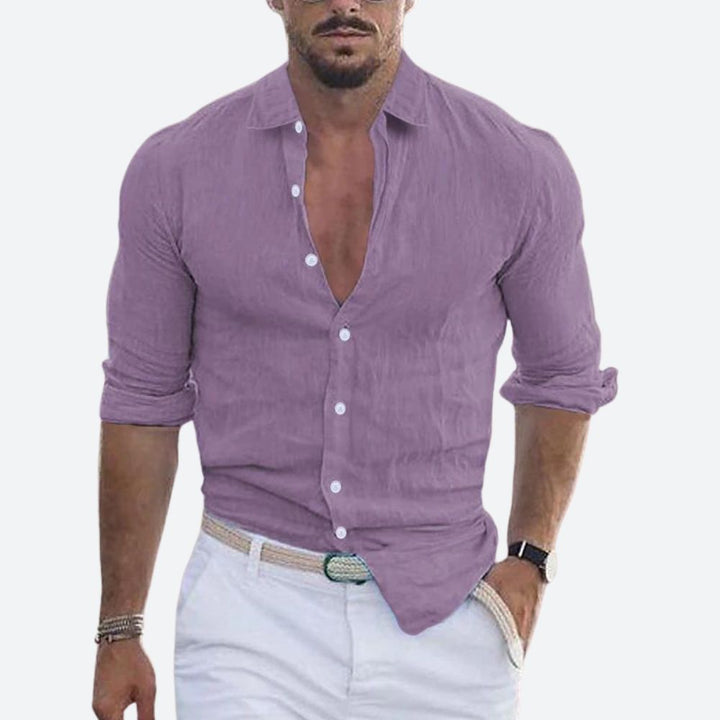 Men's slim-fit linen shirt, open collar, summer button-up shirt