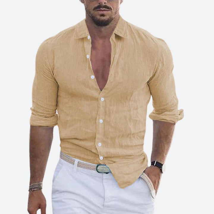 Men's slim-fit linen shirt, open collar, summer button-up shirt