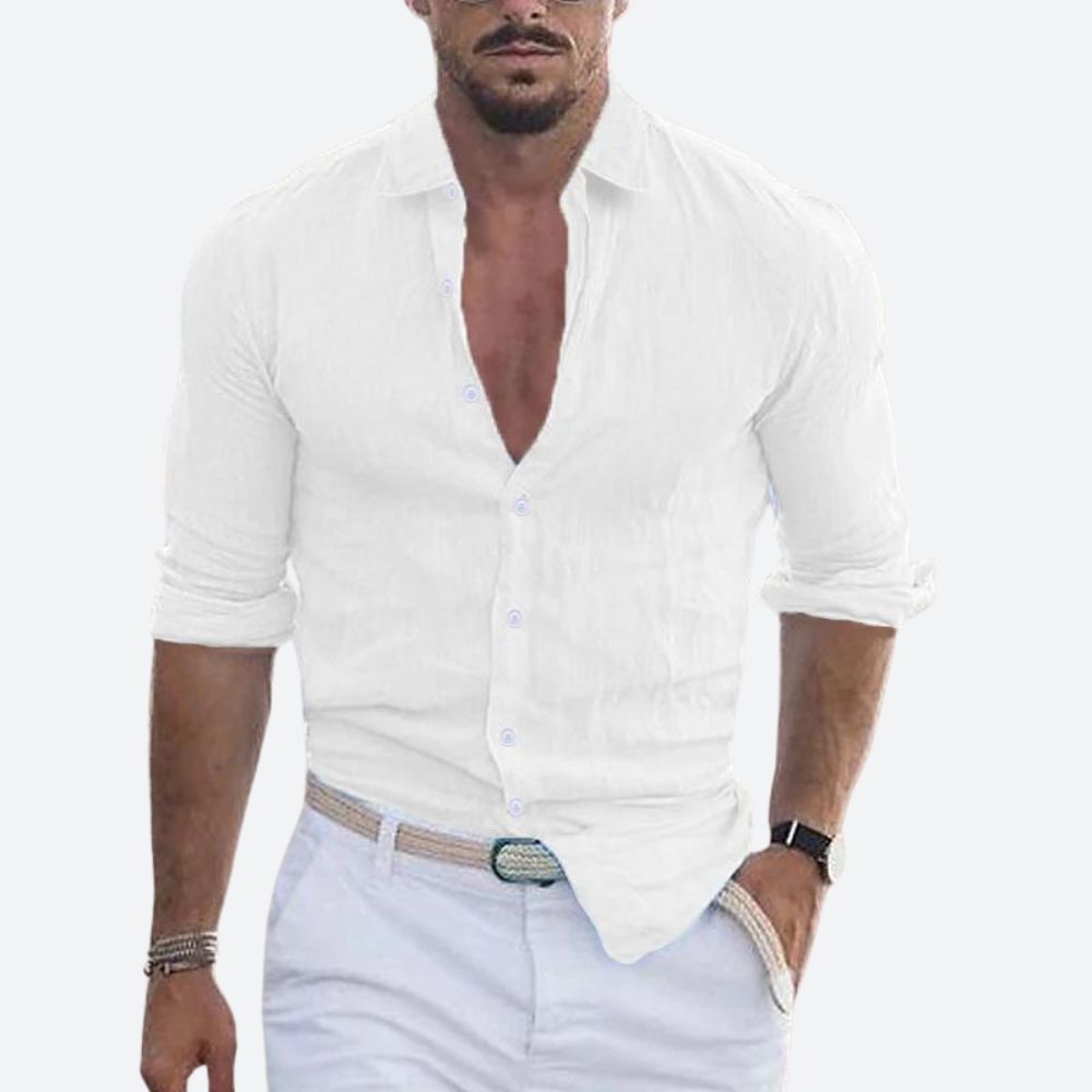 Men's slim-fit linen shirt, open collar, summer button-up shirt