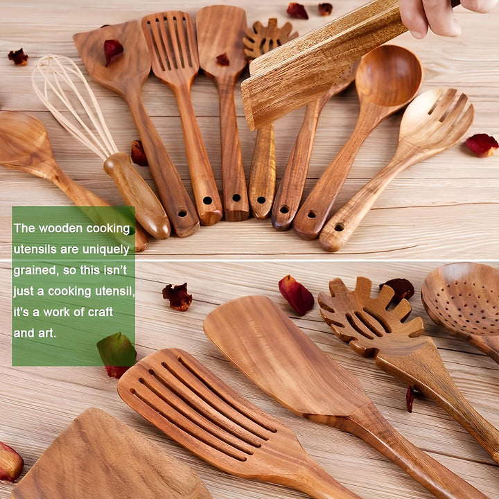 11-Piece Teak Kitchen Utensil Set | With Stand | Natural Wood