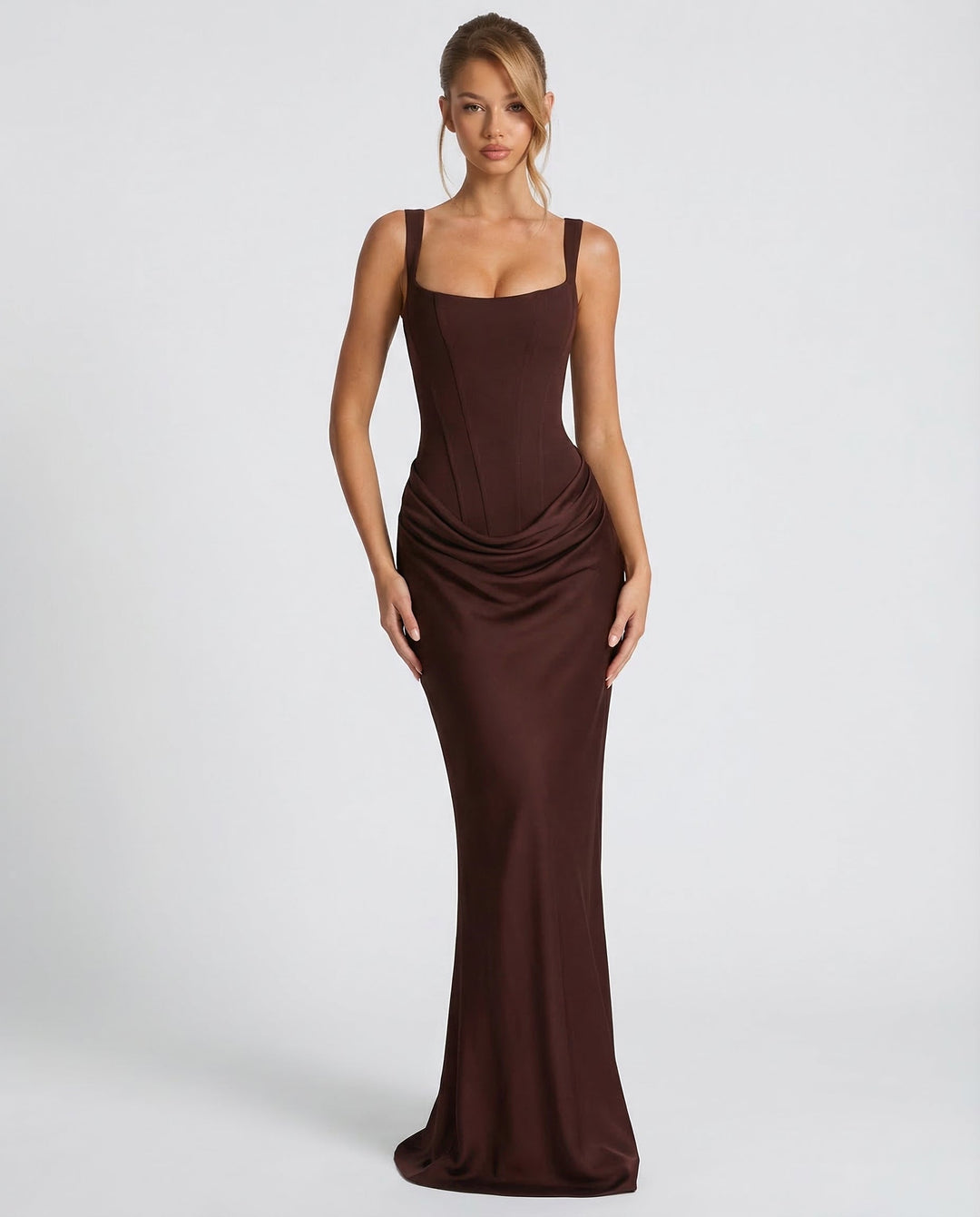 Women's Maxi Corset Dress with Draped Waist and Sculpted Silhouette