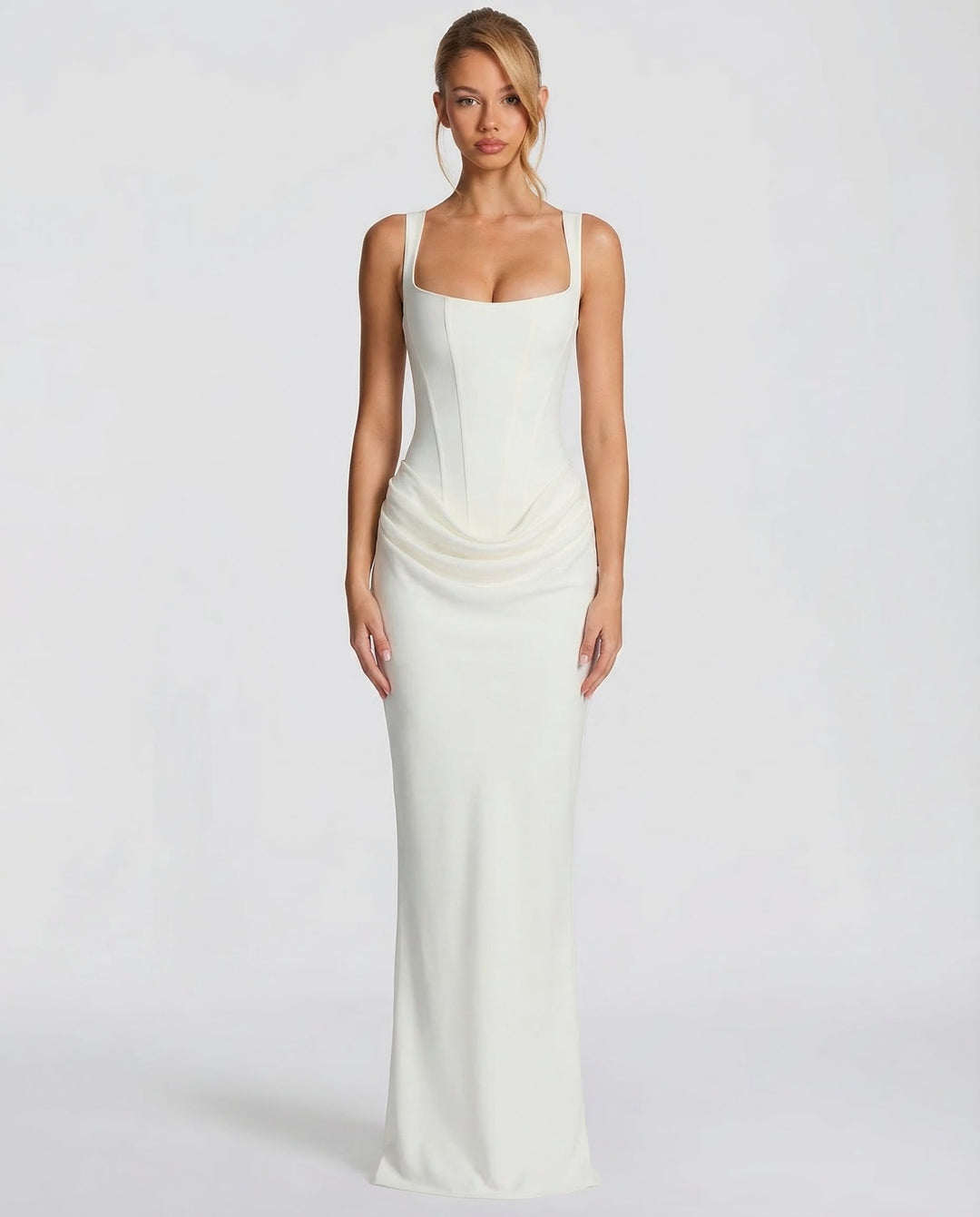 Women's Maxi Corset Dress with Draped Waist and Sculpted Silhouette